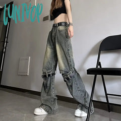 Lunivop Women’s Retro Vintage Strap Cutout Design Jeans Summer Street Style Chic Cool Solid