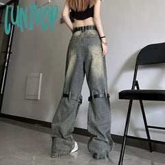 Lunivop Women’s Retro Vintage Strap Cutout Design Jeans Summer Street Style Chic Cool Solid