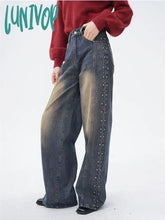 Lunivop Women’s Rivet Design American Jeans Y2K Vintage Street Casual Distressed Denim Trousers