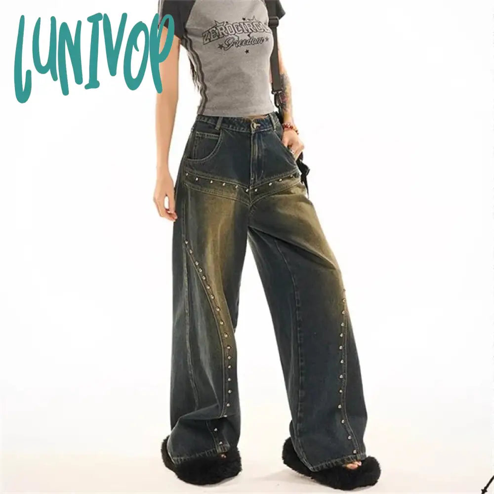 Lunivop Women’s Rivet Design American Street Jeans Vintage Style Casual Wide Leg Pant Female High