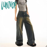 Lunivop Women’s Rivet Design American Street Jeans Vintage Style Casual Wide Leg Pant Female High
