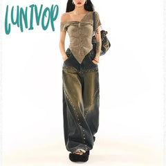 Lunivop Women’s Rivet Design American Street Jeans Vintage Style Casual Wide Leg Pant Female High