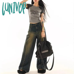Lunivop Women’s Rivet Design American Street Jeans Vintage Style Casual Wide Leg Pant Female High