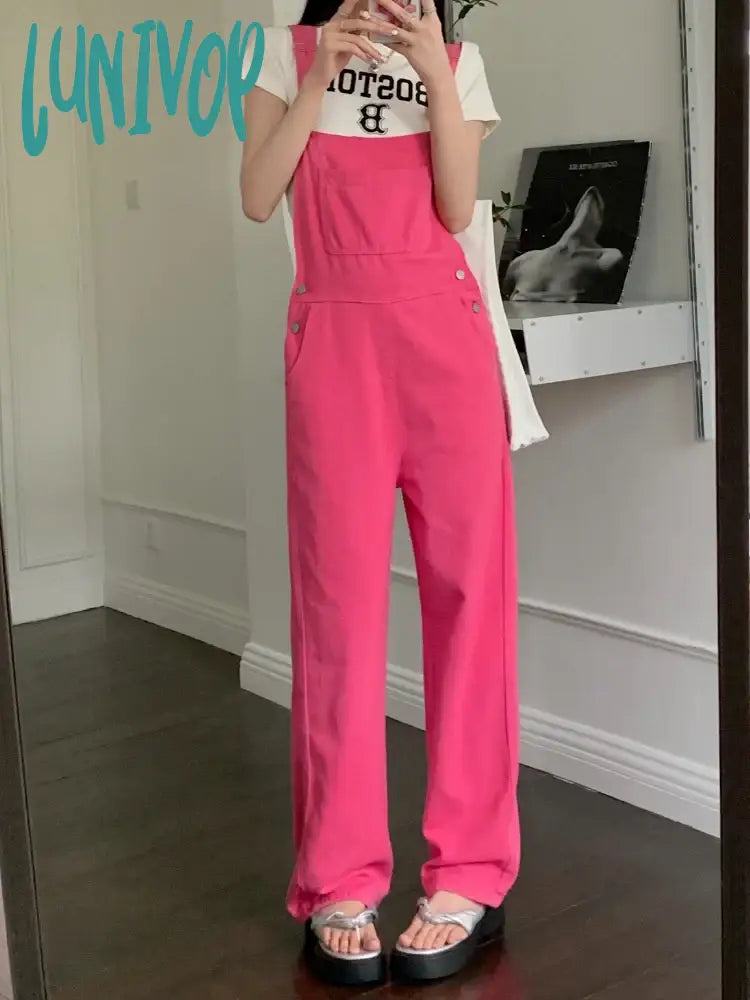Lunivop Women’s Rose Pink Denim Strap Pants Spring Summer New Vintage Street Style Rompers Young