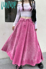 Lunivop Women’s Rose Red Loose A-Line Distressed Denim Skirt Spring Autumn New Chic Fashion