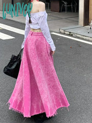 Lunivop Women’s Rose Red Loose A-Line Distressed Denim Skirt Spring Autumn New Chic Fashion