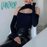 Lunivop Women’s Sexy Hollow Bodysuit Long Sleeved Off-Shoulder Tops Solid Color Fashion Half High