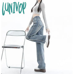 Lunivop Women’s Side Burr Design Wide Leg Blue Jeans Y2K Vintage Street Casual Narrow Denim
