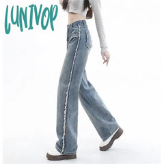 Lunivop Women’s Side Burr Design Wide Leg Blue Jeans Y2K Vintage Street Casual Narrow Denim