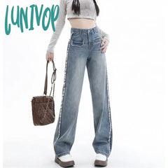 Lunivop Women’s Side Burr Design Wide Leg Blue Jeans Y2K Vintage Street Casual Narrow Denim