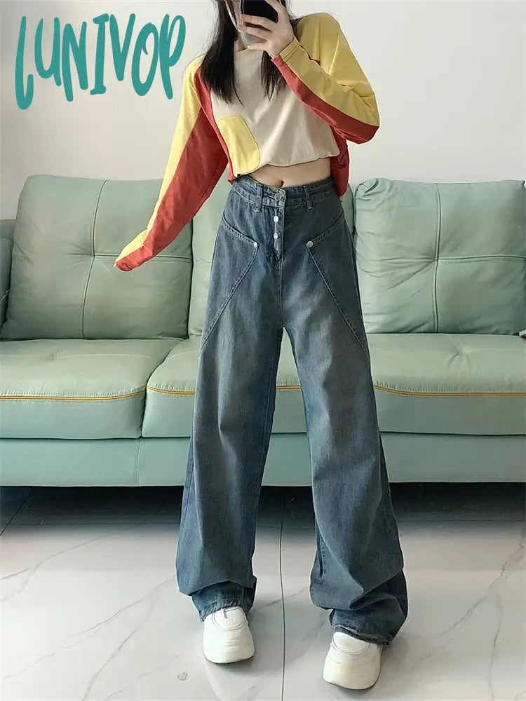 Lunivop Women’s Single Breasted High Waisted Retro Blue Jeans American Fashion Vintage Streetwear