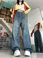 Lunivop Women’s Single Breasted High Waisted Retro Blue Jeans American Fashion Vintage Streetwear