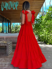 Lunivop Women’s Solid Color Maxi Skirt Strappy Party Dress Slit Irregular Hem Hollow V Neck