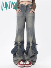 Lunivop Women’s Splicing Bow Design Micro Flared Jeans American Vintage Casual Denim Trousers