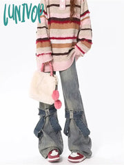 Lunivop Women’s Splicing Bow Design Micro Flared Jeans American Vintage Casual Denim Trousers