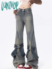 Lunivop Women’s Splicing Bow Design Micro Flared Jeans American Vintage Casual Denim Trousers