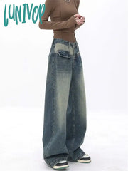 Lunivop Women’s Splicing Design Loose Wide Legs Retro Pant American Vintage Style Patchwork Jeans