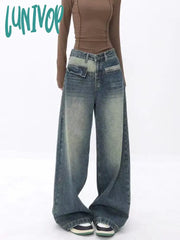 Lunivop Women’s Splicing Design Loose Wide Legs Retro Pant American Vintage Style Patchwork Jeans