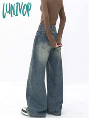 Lunivop Women’s Splicing Design Loose Wide Legs Retro Pant American Vintage Style Patchwork Jeans