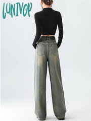 Lunivop Women’s Splicing Design Retro Jeans American Style Baggy Vintage Casual Wide Leg Pants