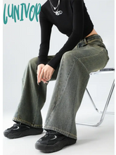 Lunivop Women’s Splicing Design Retro Jeans American Style Baggy Vintage Casual Wide Leg Pants