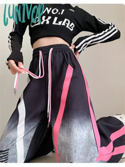 Lunivop Women’s Splicing Tie Dye Design Drawstring Sports Pants Street Style Fashion Female High
