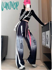 Lunivop Women’s Splicing Tie Dye Design Drawstring Sports Pants Street Style Fashion Female High