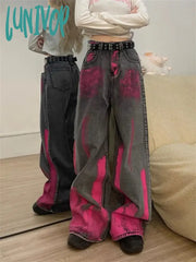 Lunivop Women’s Stain Graffiti Pattern Design Jeans American Vintage Casual Denim Trousers Female