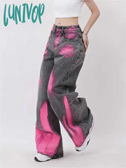 Lunivop Women’s Stain Graffiti Pattern Design Jeans American Vintage Casual Denim Trousers Female
