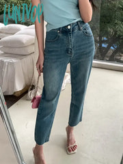 Lunivop Women’s Straight Distressed Blue Ankle-Length Jeans Spring Summer New Street Style Pants