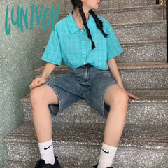 Lunivop Women’s Straight Leg Wide Knee Length Shorts Summer New Casual Simplicity High Waisted