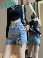 Lunivop Women’s Strapping Design Straight Blue Denim Shorts New Summer Street Style Hot Pants