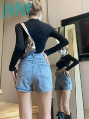 Lunivop Women’s Strapping Design Straight Blue Denim Shorts New Summer Street Style Hot Pants