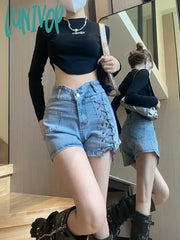 Lunivop Women’s Strapping Design Straight Blue Denim Shorts New Summer Street Style Hot Pants