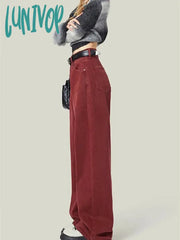 Lunivop Women’s Street Style Wide Leg Red Jeans American Vintage Casual Denim Trousers Female