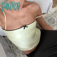Lunivop Women’s Sweet Slim Cami Tops Y2K Aesthetic Mini Bowknot Front Satin Spaghetti Strap Vest