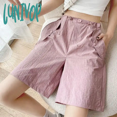 Lunivop Women’s Thin Drawstring Design Knee Length Shorts Summer New Street Style Female High