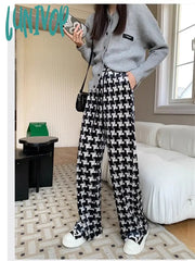 Lunivop Womens Thousand Bird Plaid Pattern Wide Leg Pants Fashion High Waist Sweatpants Vintage