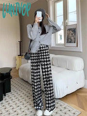 Lunivop Womens Thousand Bird Plaid Pattern Wide Leg Pants Fashion High Waist Sweatpants Vintage