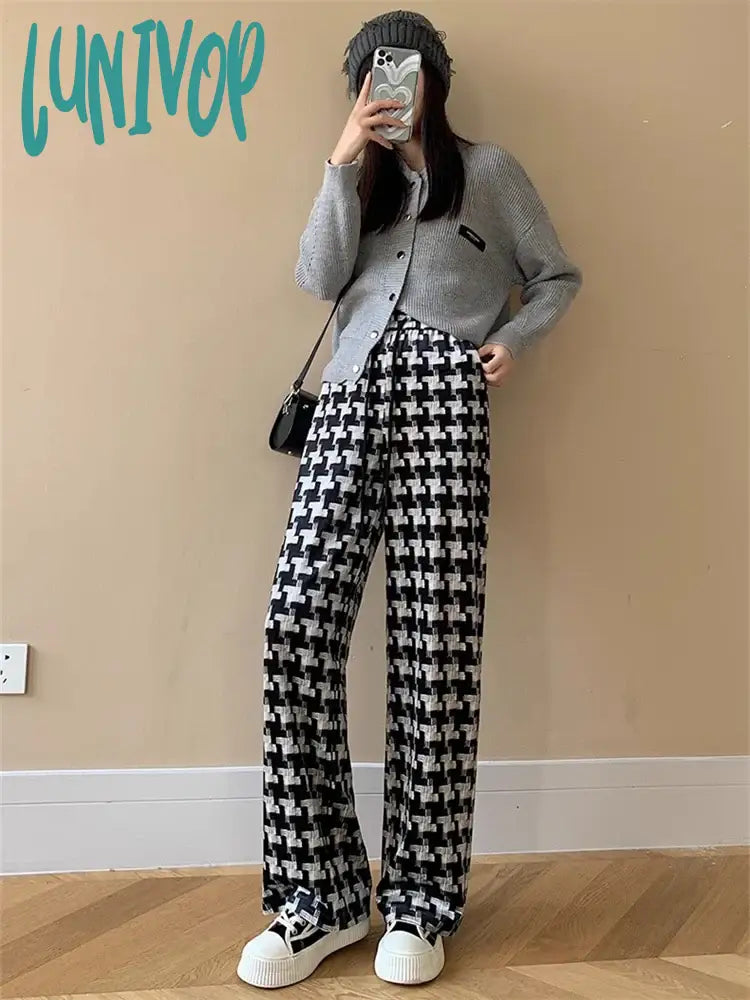 Lunivop Womens Thousand Bird Plaid Pattern Wide Leg Pants Fashion High Waist Sweatpants Vintage