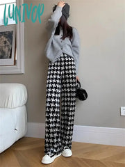 Lunivop Womens Thousand Bird Plaid Pattern Wide Leg Pants Fashion High Waist Sweatpants Vintage