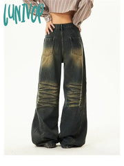 Lunivop Women’s Tie Dye Pattern Design Wide Leg Retro Blue Jeans Neutral Style High Waist Vintage