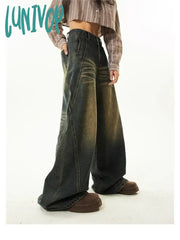 Lunivop Women’s Tie Dye Pattern Design Wide Leg Retro Blue Jeans Neutral Style High Waist Vintage