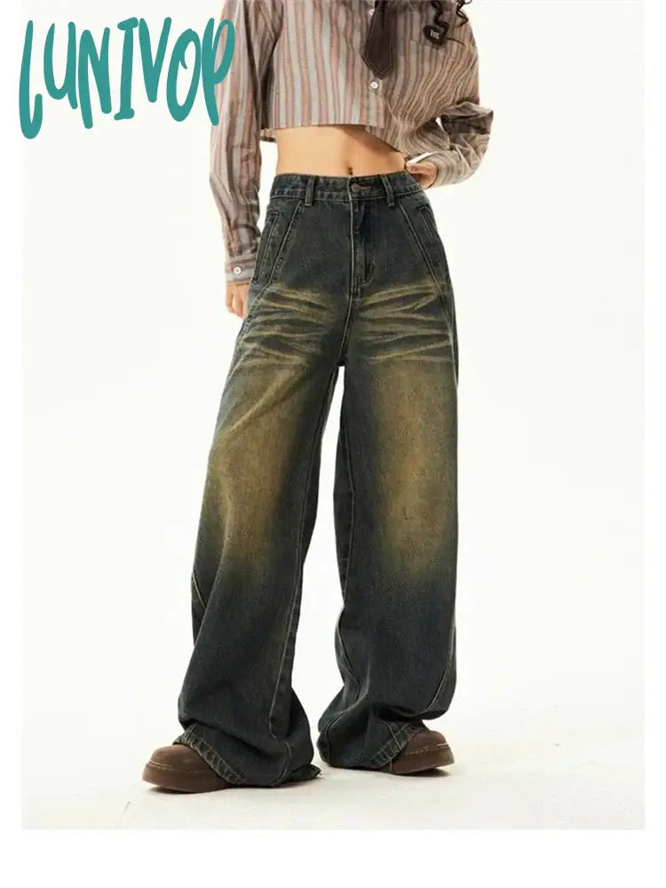Lunivop Women’s Tie Dye Pattern Design Wide Leg Retro Blue Jeans Neutral Style High Waist Vintage
