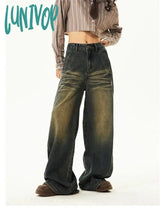 Lunivop Women’s Tie Dye Pattern Design Wide Leg Retro Blue Jeans Neutral Style High Waist Vintage