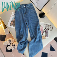 Lunivop Women’s Vertical Stripe High Waist Blue Jeans Vintage American Street Style Casual Wide
