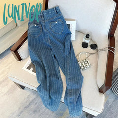 Lunivop Women’s Vertical Stripe High Waist Blue Jeans Vintage American Street Style Casual Wide