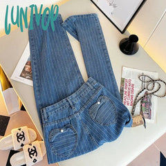 Lunivop Women’s Vertical Stripe High Waist Blue Jeans Vintage American Street Style Casual Wide
