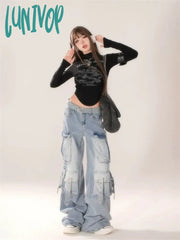 Lunivop Women’s Vibe Wash Multiple Pockets Design Loose Blue Jeans Cool Girl High Waisted Pants