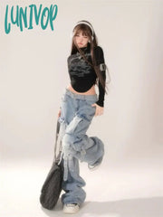 Lunivop Women’s Vibe Wash Multiple Pockets Design Loose Blue Jeans Cool Girl High Waisted Pants